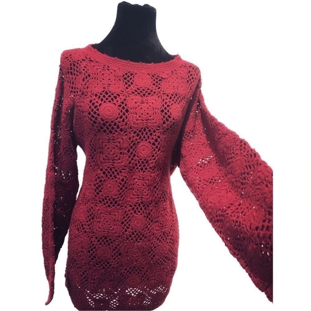 Vintage Y2K 90s Bohemian Burgundy Wine Crochet Tunic Sweater - Picture 4 of 14